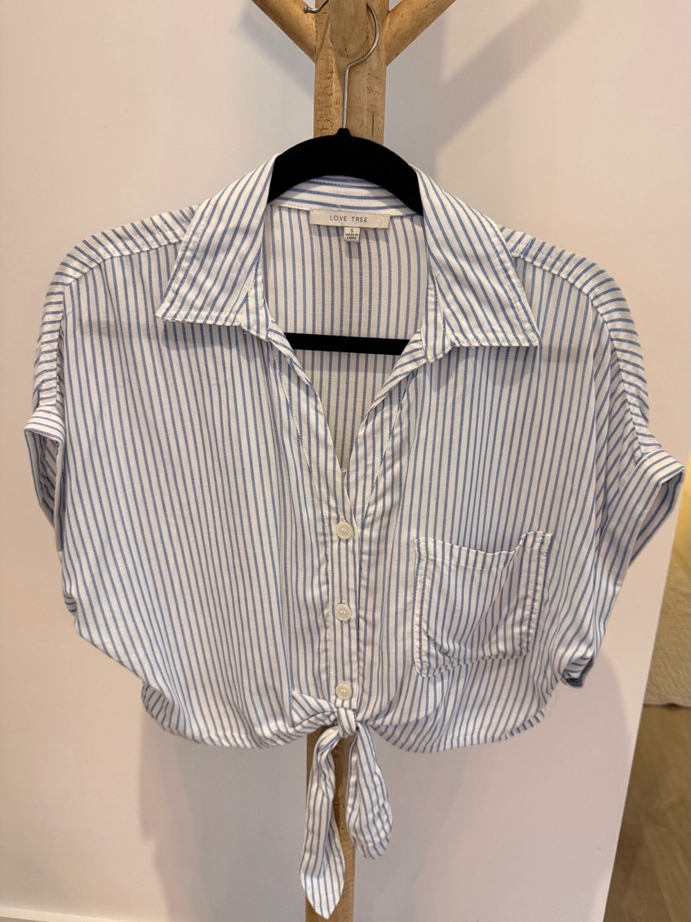 Love Tree Blue and White Striped Tie-Front Button Down Shirt